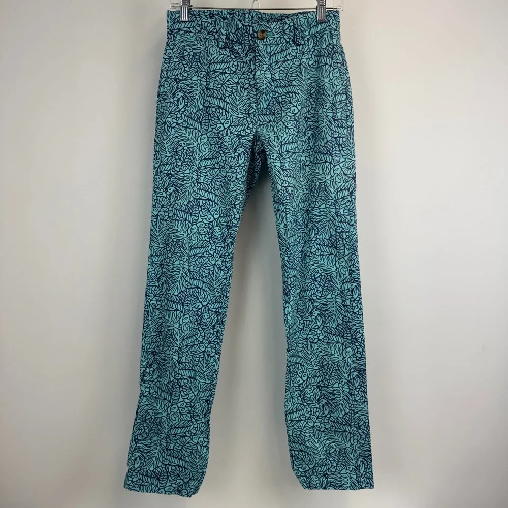 Vineyard Vines Mens Breaker Pant 28x32 Turquoise Navy Tropical Leaf Print Chino